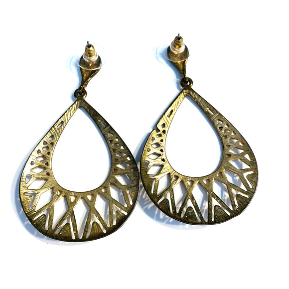Vintage Y2K Boho Goldtone Pierced Earrings Drop Dangle Teardrop Hoops Festival - Picture 3 of 5